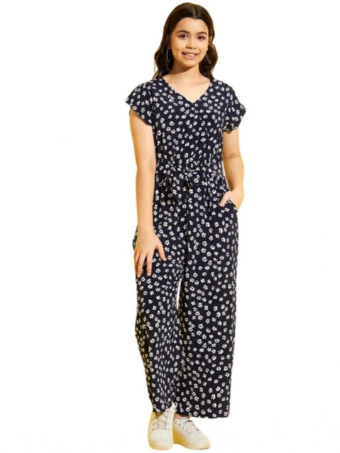 Generic Girl's Polyester Moss Floral Short Sleeves Jumpsuit (Navy-white)