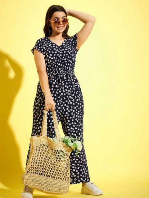 Generic Girl's Polyester Moss Floral Short Sleeves Jumpsuit (Navy-white)