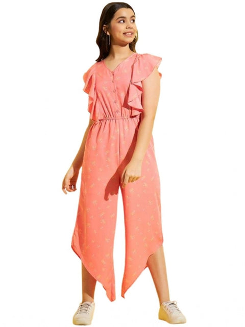 Generic Girl's Polyester Floral Sleeveless Jumpsuit (Pink)
