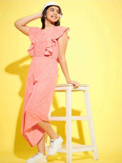 Generic Girl's Polyester Floral Sleeveless Jumpsuit (Pink)