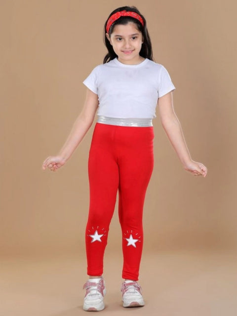 Generic Girl's Cotton Lycra Star Print Elasticated Leggings (Red)