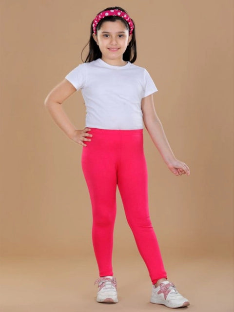 Generic Girl's Cotton Lycra Solid Elasticated Leggings (Dark Pink)