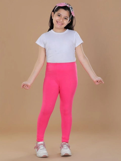 Generic Girl's Cotton Lycra Solid Elasticated Leggings (Pink)