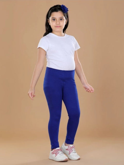Generic Girl's Cotton Lycra Solid Elasticated Leggings (Blue)