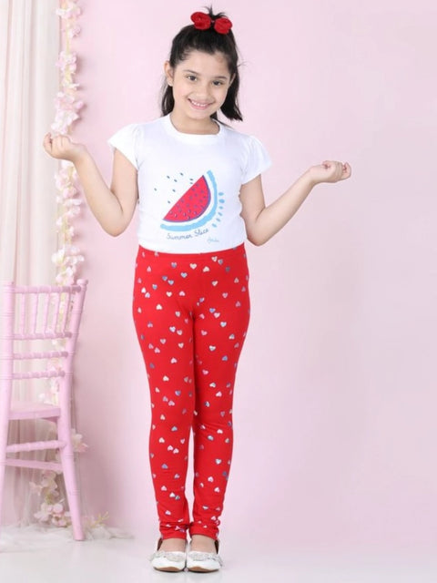 Generic Girl's Cotton Lycra Embellished Elasticated Leggings (Red)