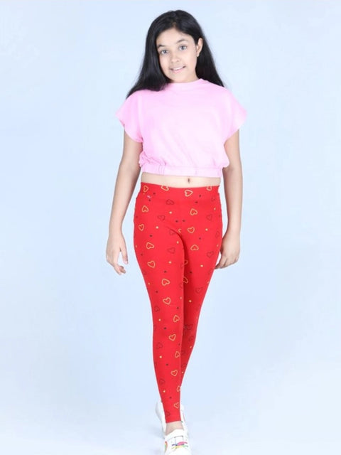 Generic Girl's Cotton Lycra Printed Elasticated Leggings (Red)