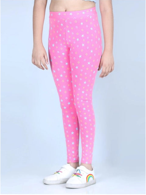 Generic Girl's Cotton Lycra Printed Elasticated Leggings (Pink)