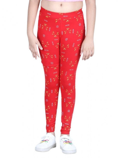 Generic Girl's Cotton Lycra Printed Elasticated Leggings (Red)