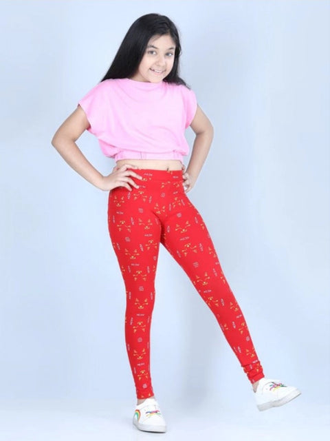 Generic Girl's Cotton Lycra Printed Elasticated Leggings (Red)