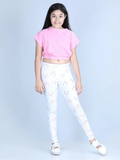 Generic Girl's Cotton Lycra Printed Elasticated Leggings (White)