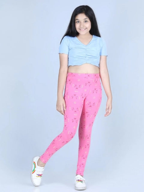 Generic Girl's Cotton Lycra Printed Elasticated Leggings (Pink)