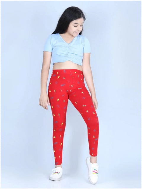 Generic Girl's Cotton Lycra Printed Elasticated Leggings (Red)