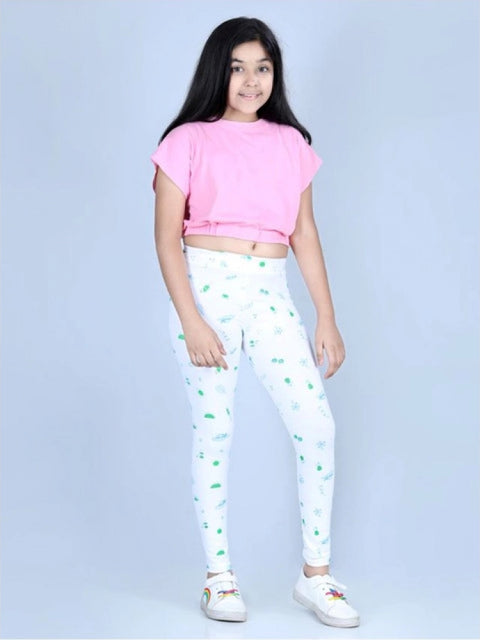 Generic Girl's Cotton Lycra Printed Elasticated Leggings (White)