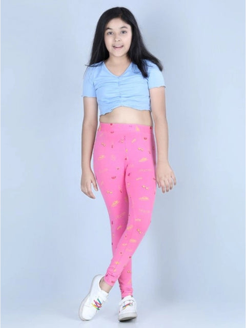 Generic Girl's Cotton Lycra Printed Elasticated Leggings (Pink)