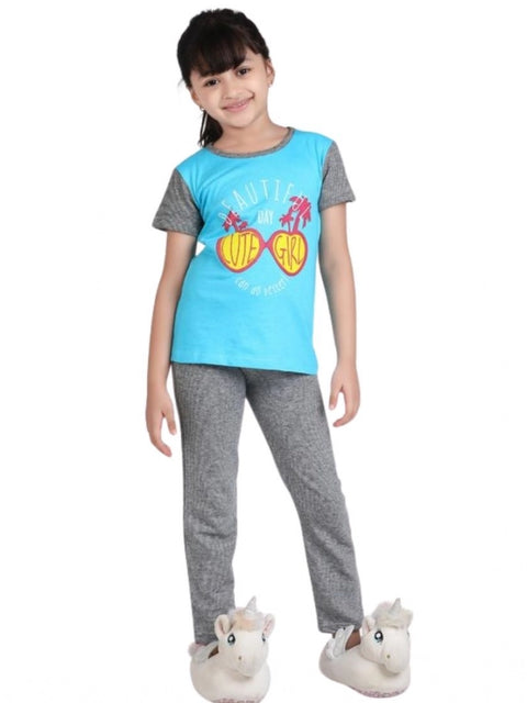 Generic Girl's Cotton Hosiery Printed Night Suit Set (Blue-Grey)