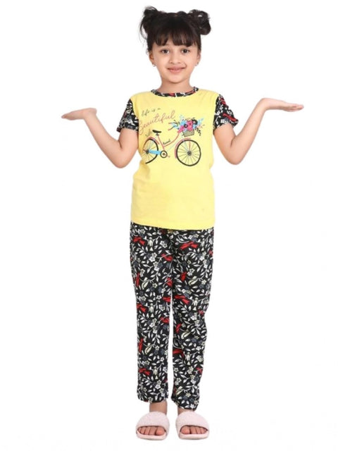 Generic Girl's Cotton Hosiery Printed Night Suit Set (Yellow-Black)