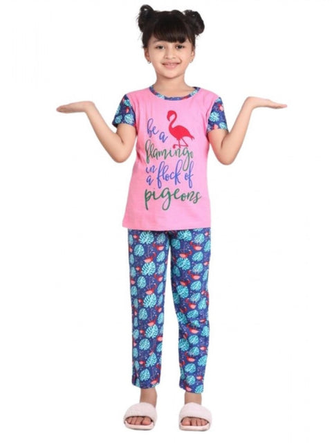 Generic Girl's Cotton Hosiery Printed Night Suit Set (Pink-Blue)