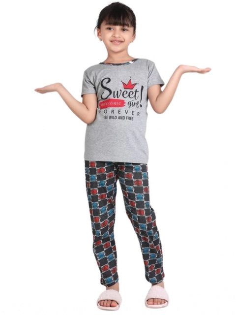 Generic Girl's Cotton Hosiery Printed Night Suit Set (Grey-Red)