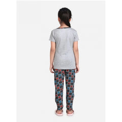 Generic Girl's Cotton Hosiery Printed Night Suit Set (Grey-Red)