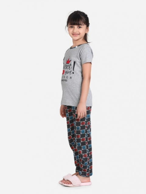 Generic Girl's Cotton Hosiery Printed Night Suit Set (Grey-Red)