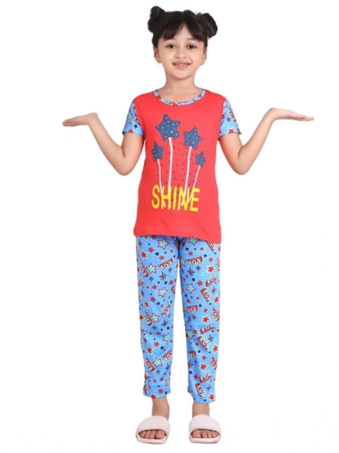 Generic Girl's Cotton Hosiery Printed Night Suit Set (Red-Blue)