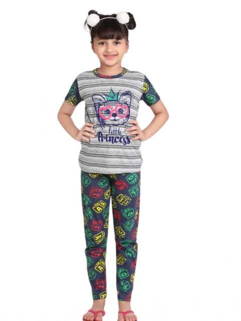 Generic Girl's Cotton Hosiery Printed Night Suit Set (Grey-Green)