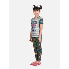 Generic Girl's Cotton Hosiery Printed Night Suit Set (Grey-Green)