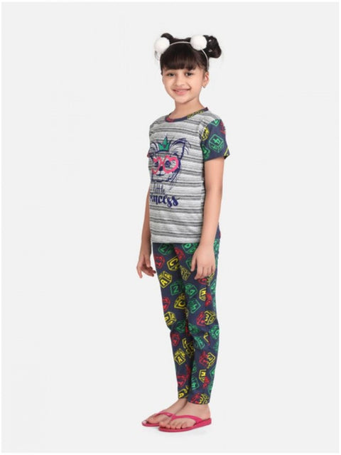Generic Girl's Cotton Hosiery Printed Night Suit Set (Grey-Green)