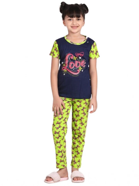 Generic Girl's Cotton Hosiery Printed Night Suit Set (Navy-Green)