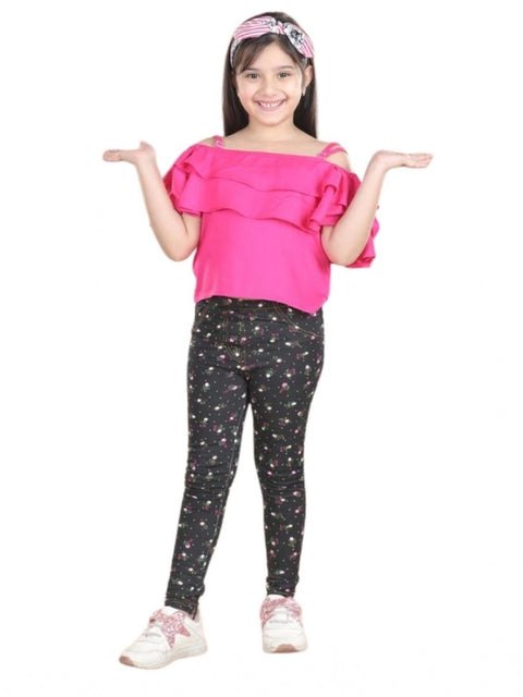 Generic Girl's Cotton Floral Elasticated Jegging and Top Set (Pink)