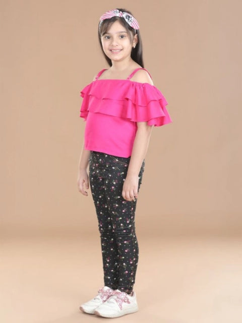 Generic Girl's Cotton Floral Elasticated Jegging and Top Set (Pink)