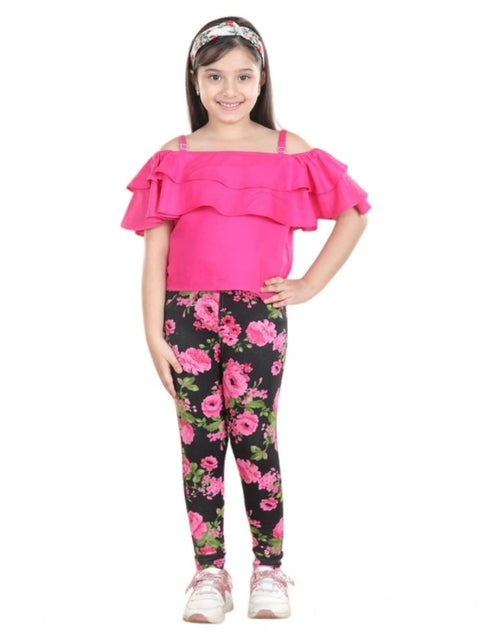 Generic Girl's Cotton Floral Elasticated Jegging and Top Set (Black-Pink)