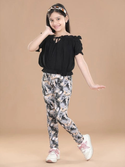 Generic Girl's Cotton Floral Elasticated Jegging and Top Set (Black)