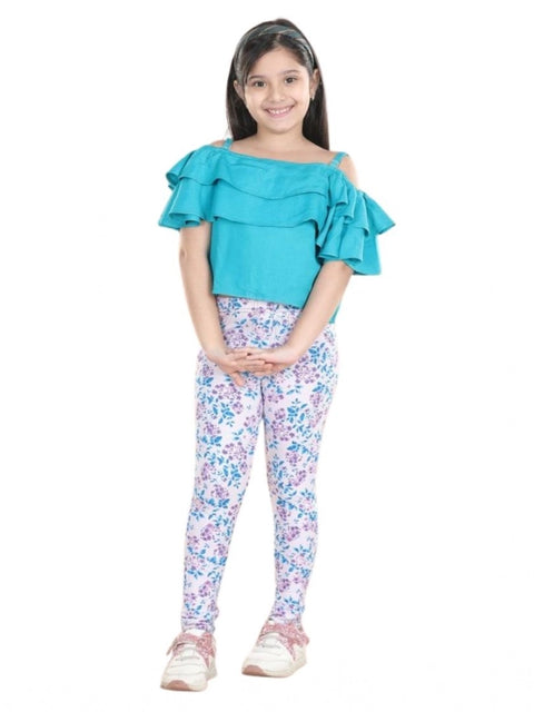 Generic Girl's Cotton Floral Elasticated Jegging and Top Set (Turquoise Blue)