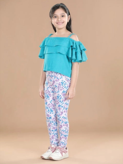 Generic Girl's Cotton Floral Elasticated Jegging and Top Set (Turquoise Blue)
