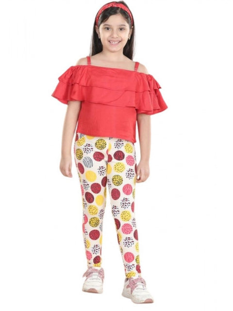 Generic Girl's Cotton Floral Elasticated Jegging and Top Set (Red)