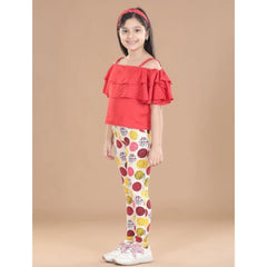 Generic Girl's Cotton Floral Elasticated Jegging and Top Set (Red)