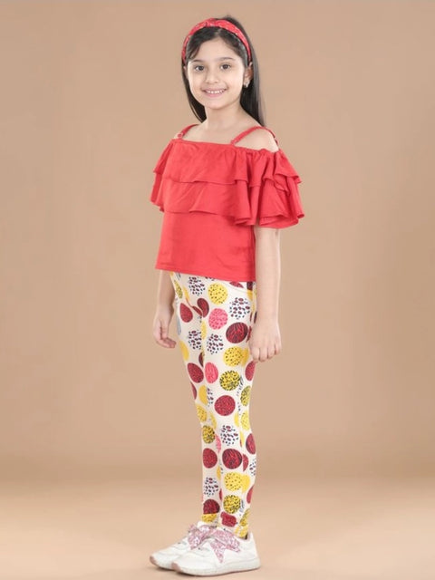 Generic Girl's Cotton Floral Elasticated Jegging and Top Set (Red)