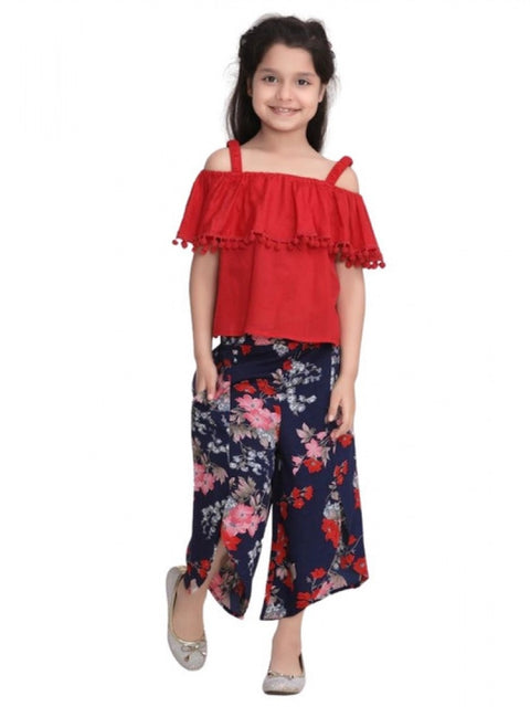 Generic Girl's Rayon Crepe Printed Cold Shoulder Top and Pants Set (Red-Navy)