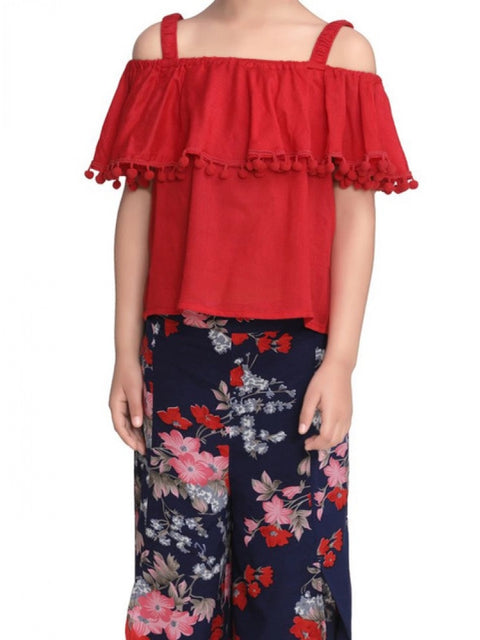 Generic Girl's Rayon Crepe Printed Cold Shoulder Top and Pants Set (Red-Navy)