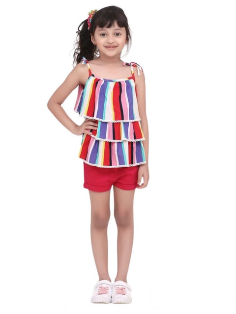 Generic Girl's Polyester Crepe Striped Tie Ups Shorts Set (Multicolor)