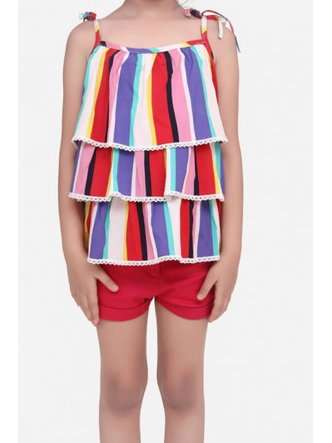 Generic Girl's Polyester Crepe Striped Tie Ups Shorts Set (Multicolor)