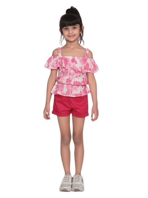 Generic Girl's Cotton Floral Cold Shoulder Top and Shorts Set (Pink-Red)