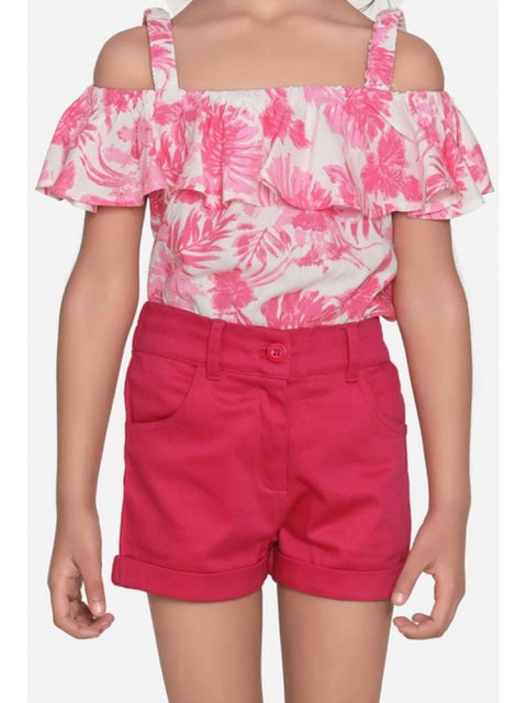 Generic Girl's Cotton Floral Cold Shoulder Top and Shorts Set (Pink-Red)