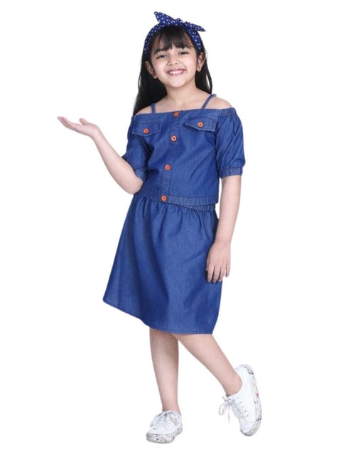 Generic Girl's Denim Solid Cold Shoulder Top and Skirt Set (Navy Blue)
