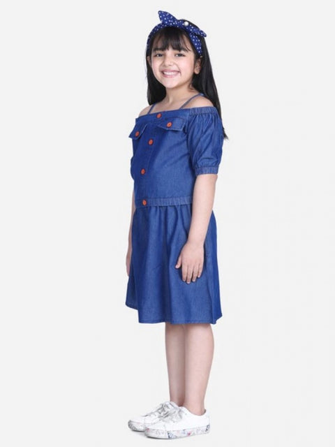 Generic Girl's Denim Solid Cold Shoulder Top and Skirt Set (Navy Blue)