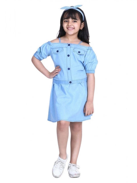 Generic Girl's Denim Solid Cold Shoulder Top and Skirt Set (Light Blue)