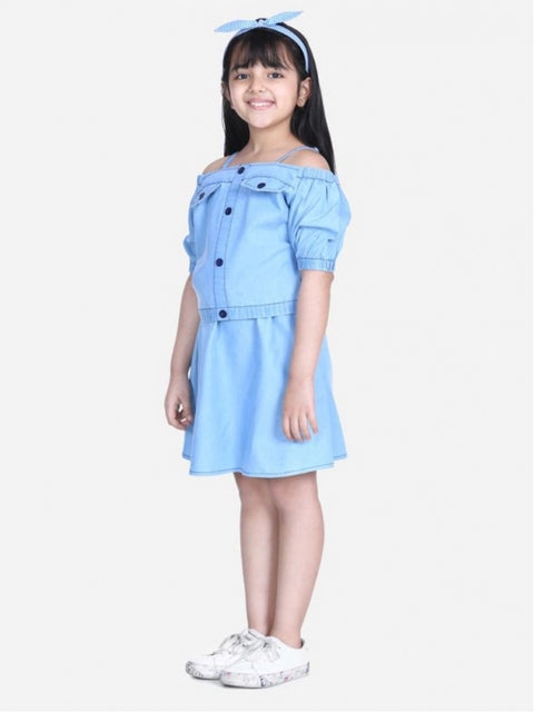 Generic Girl's Denim Solid Cold Shoulder Top and Skirt Set (Light Blue)