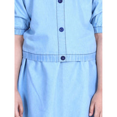 Generic Girl's Denim Solid Cold Shoulder Top and Skirt Set (Light Blue)