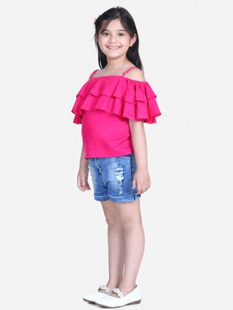 Generic Girl's Rayon Solid Cold Shoulder Top with Shorts (Pink-Blue)